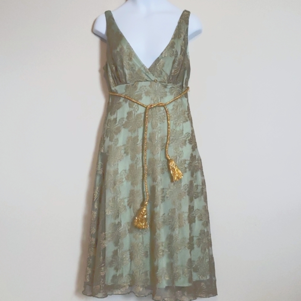 Alexia Admor Lace Overlay Small Sage Green Gold Cocktail Party Dress HOLIDAY